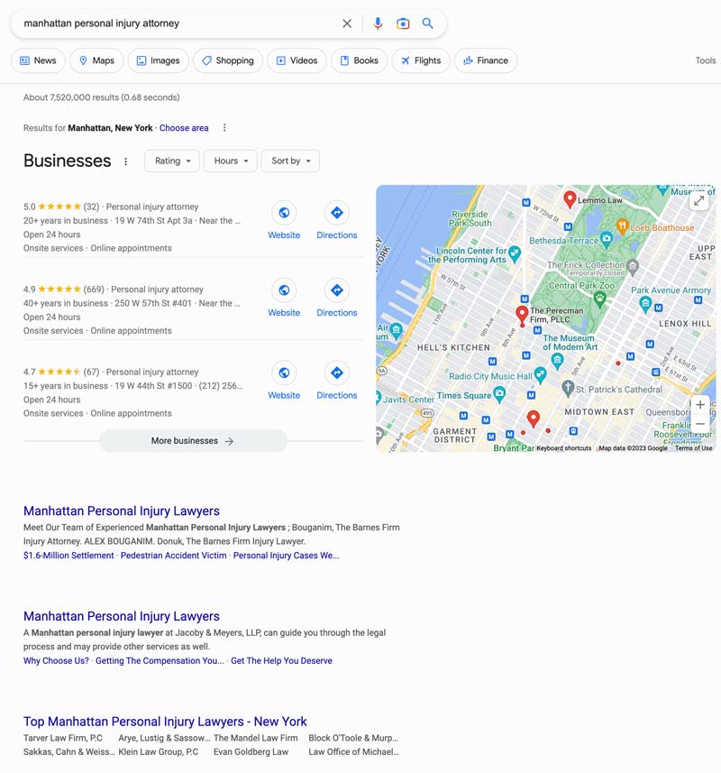 Google Maps search results for a Manhattan personal injury attorney