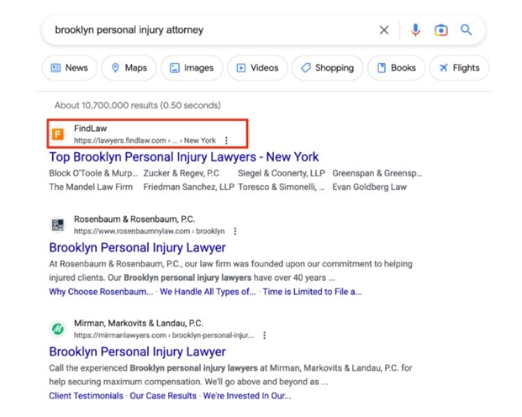 Google search results for personal injury attorney